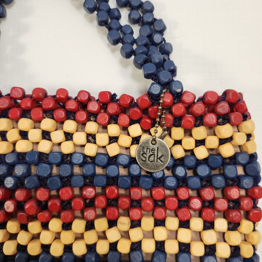 The SAK Montara Wood Hand-Beaded Small Tote Red Blue Tan Patriotic USA Summer - Picture 2 of 16